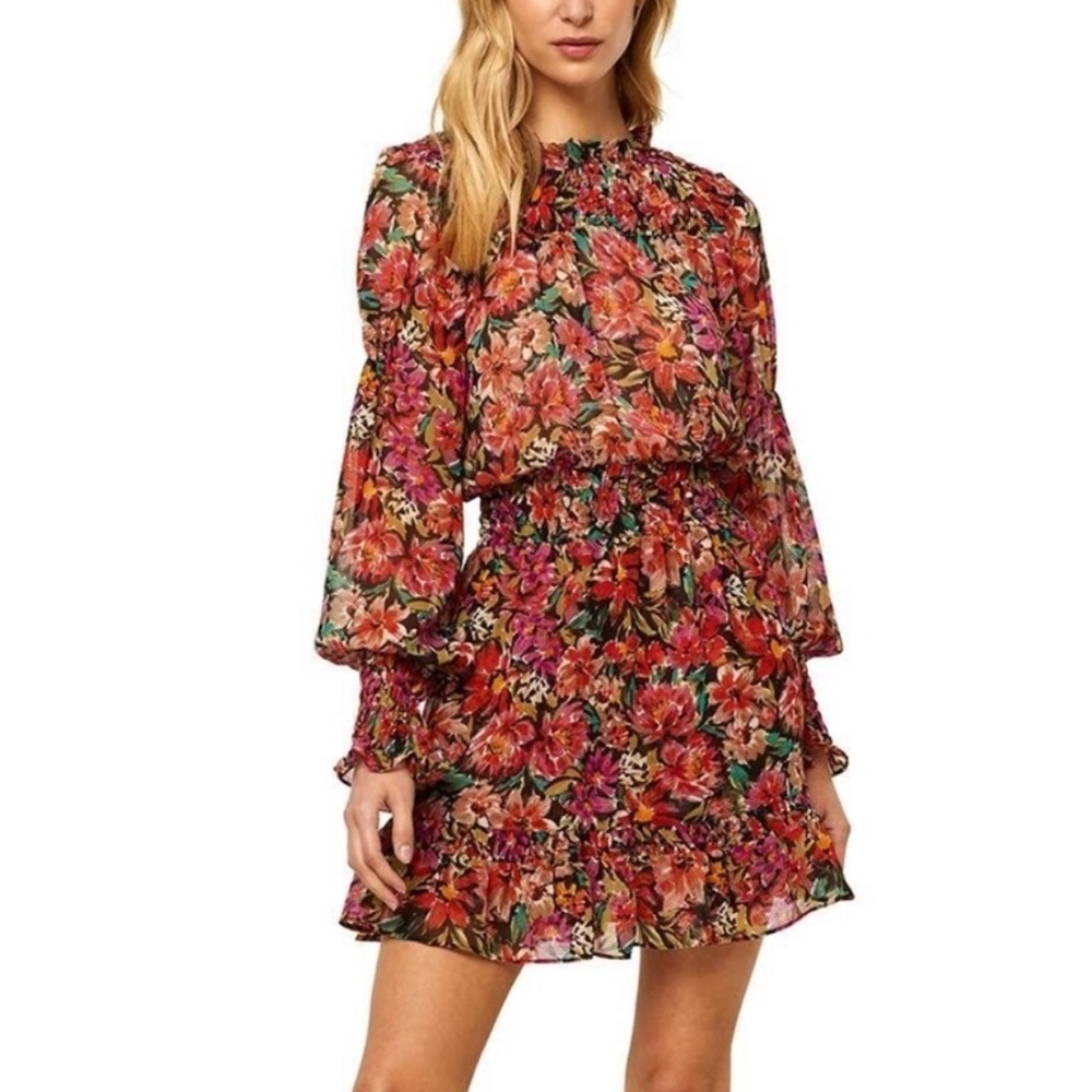 Misa Los Angeles Marin Floral Long Sleeve Mini Dress, Ruffle, Pleated, Size L